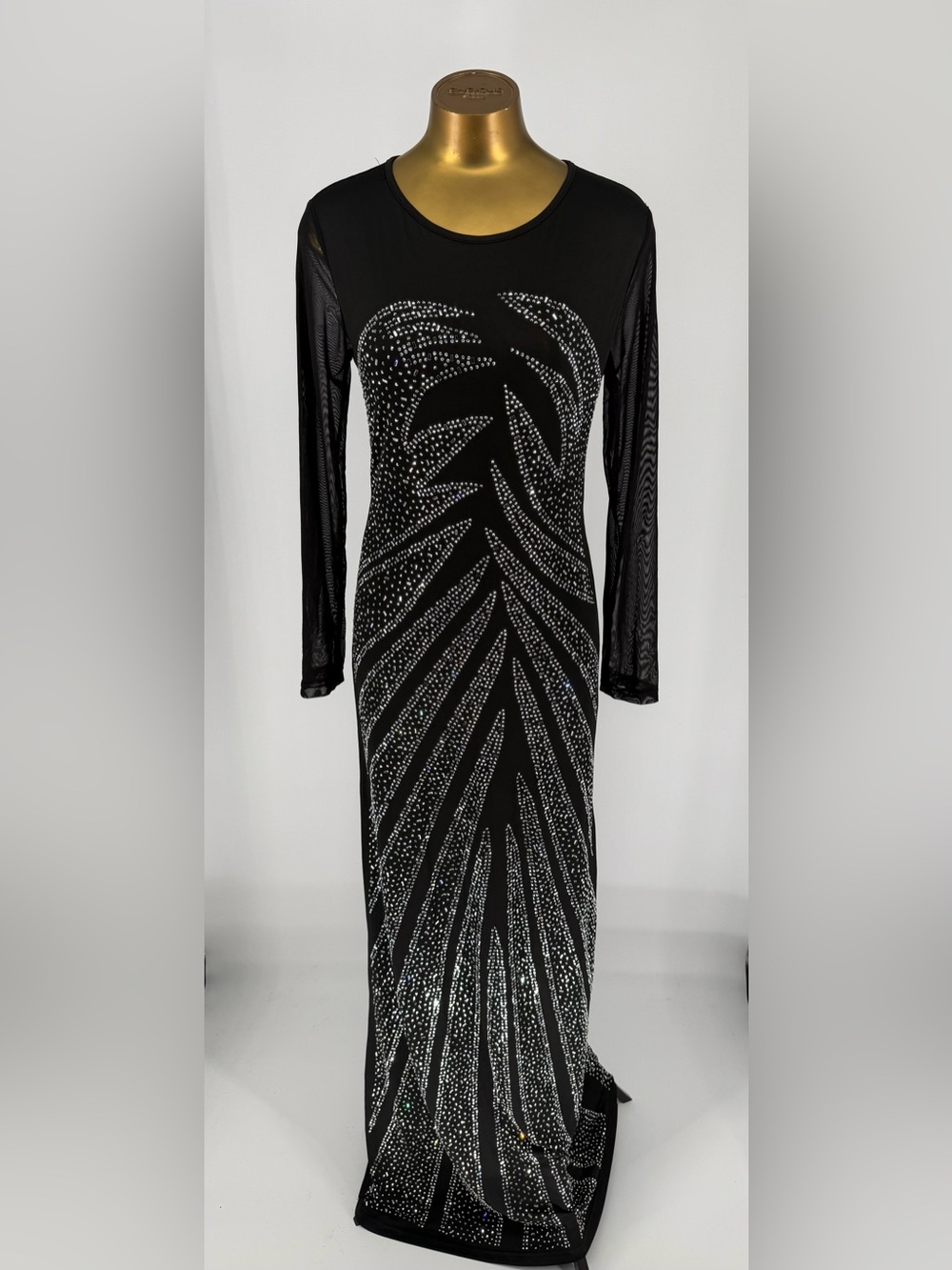 Black & Silver Rhinestone Long Sleeve Evening Dress Sheer back Size Medium